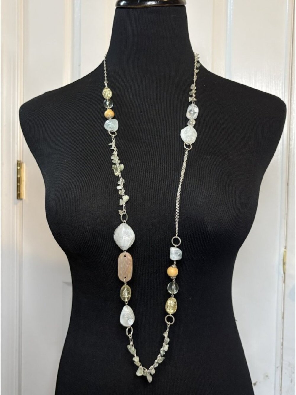 Robert Rose Silver Tone Long Beaded Necklace White Green Gemstone Boho